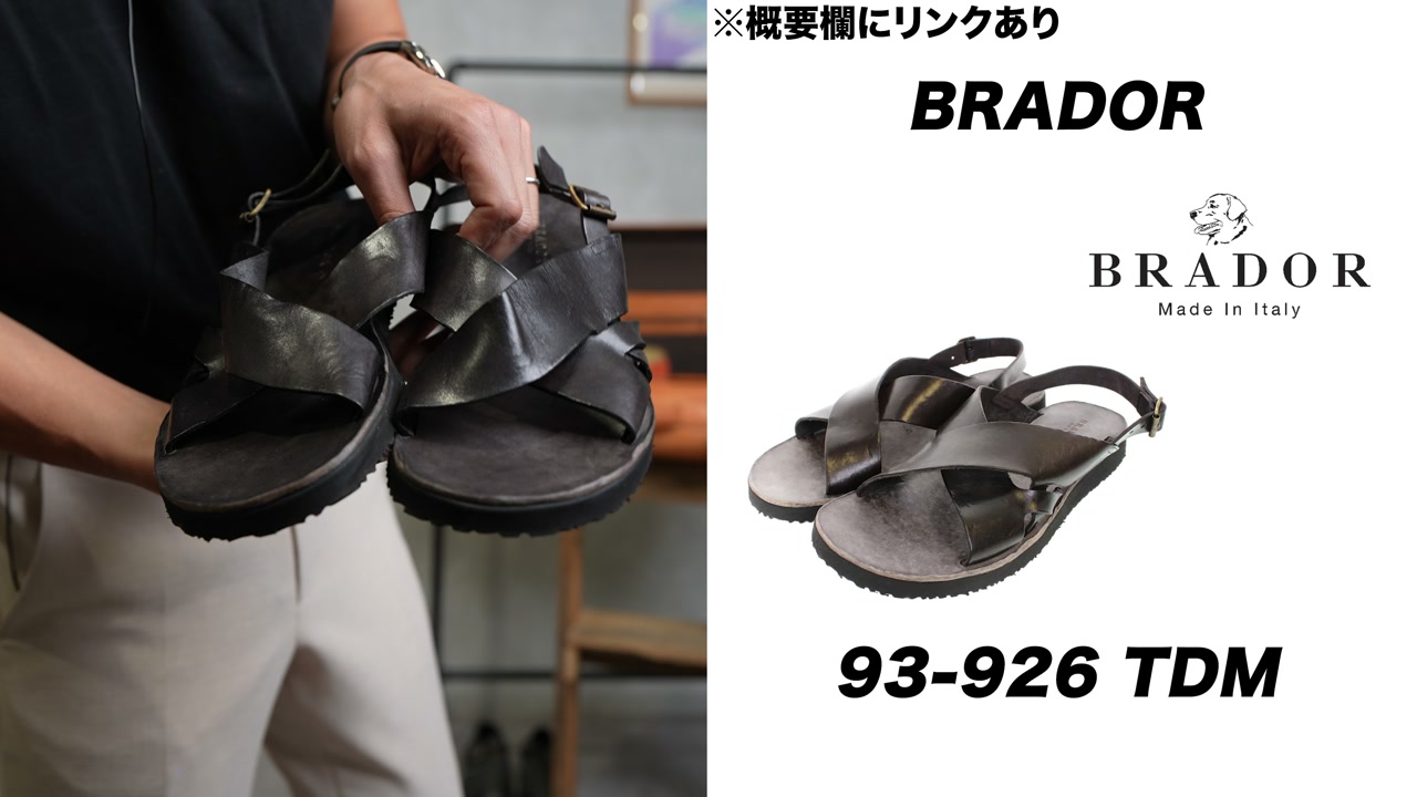 ブラドールのレザーサンダルを履いて立っているカット
