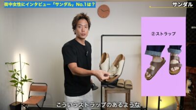 4種のサンダルが並んで見えるアンケート説明シーン