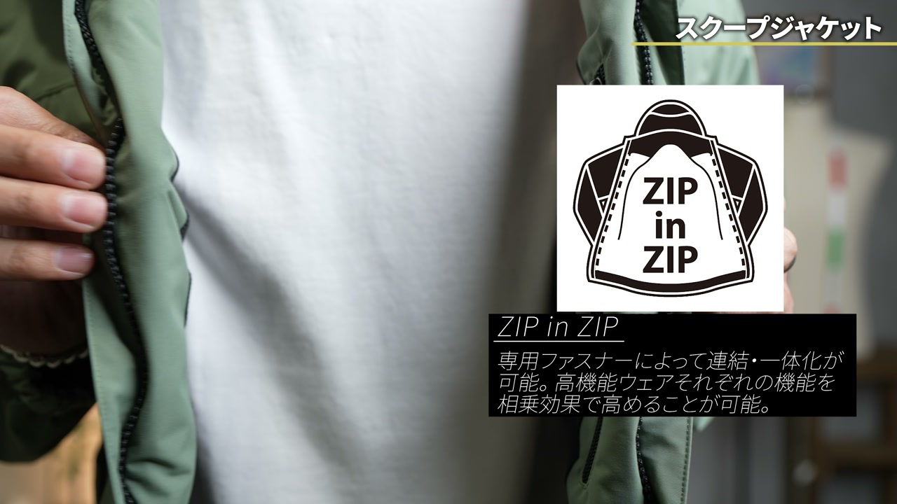スクープジャケットの裏地を広げてチェックしているシーン
