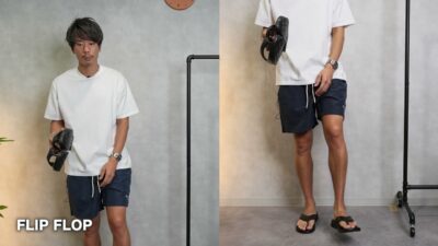 NUUSOLサンダルとショーツを合わせたたくぞーの全身コーデカット