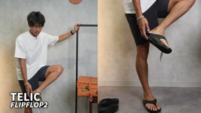 テリックのサンダルを足に入れたところ・T字シルキーソールが見えるカット