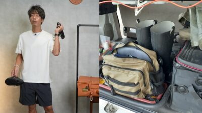 リカバリーサンダルの熱変形注意の説明をしているたくぞー