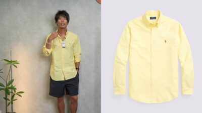 たくぞーさんがラルフローレンのクラシックフィットボタンダウンシャツ（イエロー）を着用している全身カット