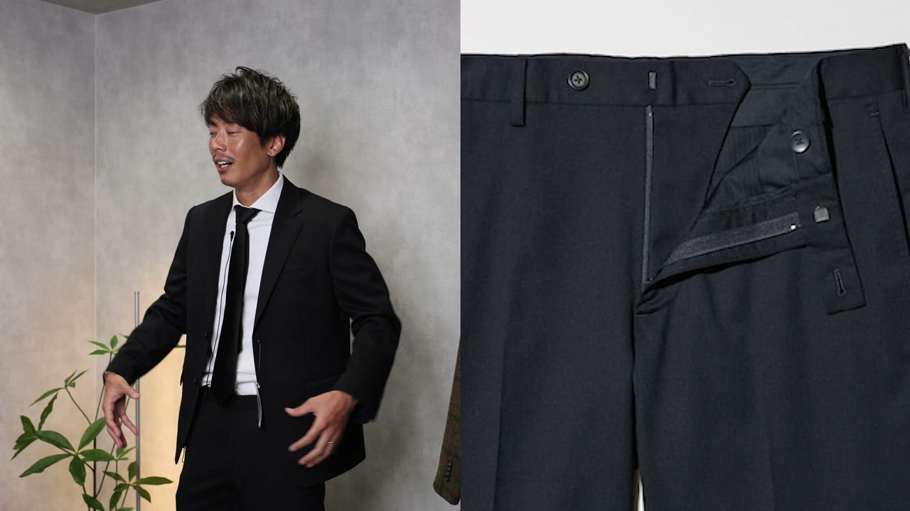 ストレッチウールスリムフィットパンツの丈・シルエットを確認しているシーン