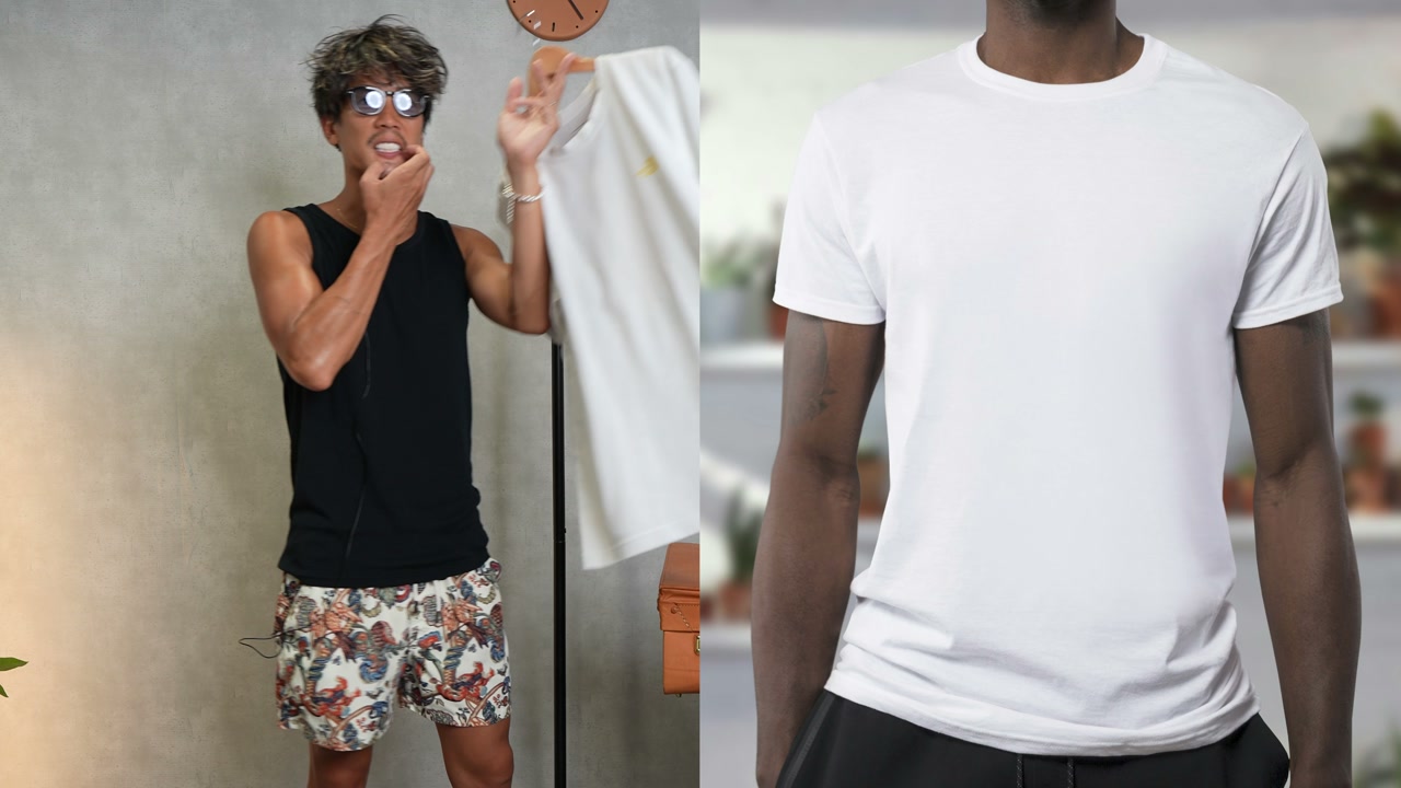 首元が伸びてよれたTシャツをたくぞーが着用して首まわりを見せているカット