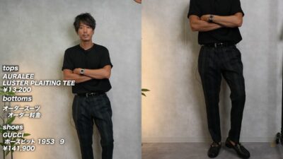 ビジネスマンスタイル・黒Tにグリーンチェックスーツパンツの綺麗めカジュアルコーデ