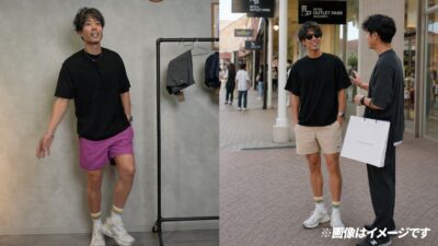 パタゴニア バギーズ5インチを白スニーカーと白ソックスで履いたコーデ全身カット