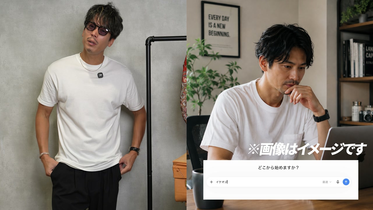 時計・ネックレス・ブレスレット・サングラスをフル装備したたくぞーのコーデ全体像
