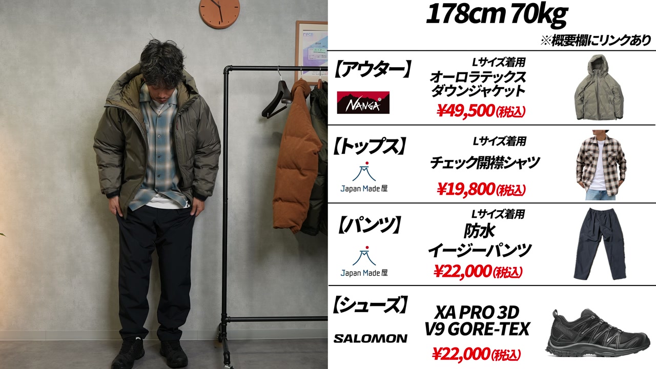防水性能を確認するためにダウンジャケットを着用している様子