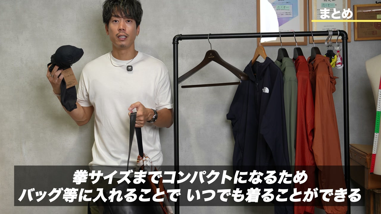 スワローテールフーディーをコンパクトに丸めた状態と着用状態の比較